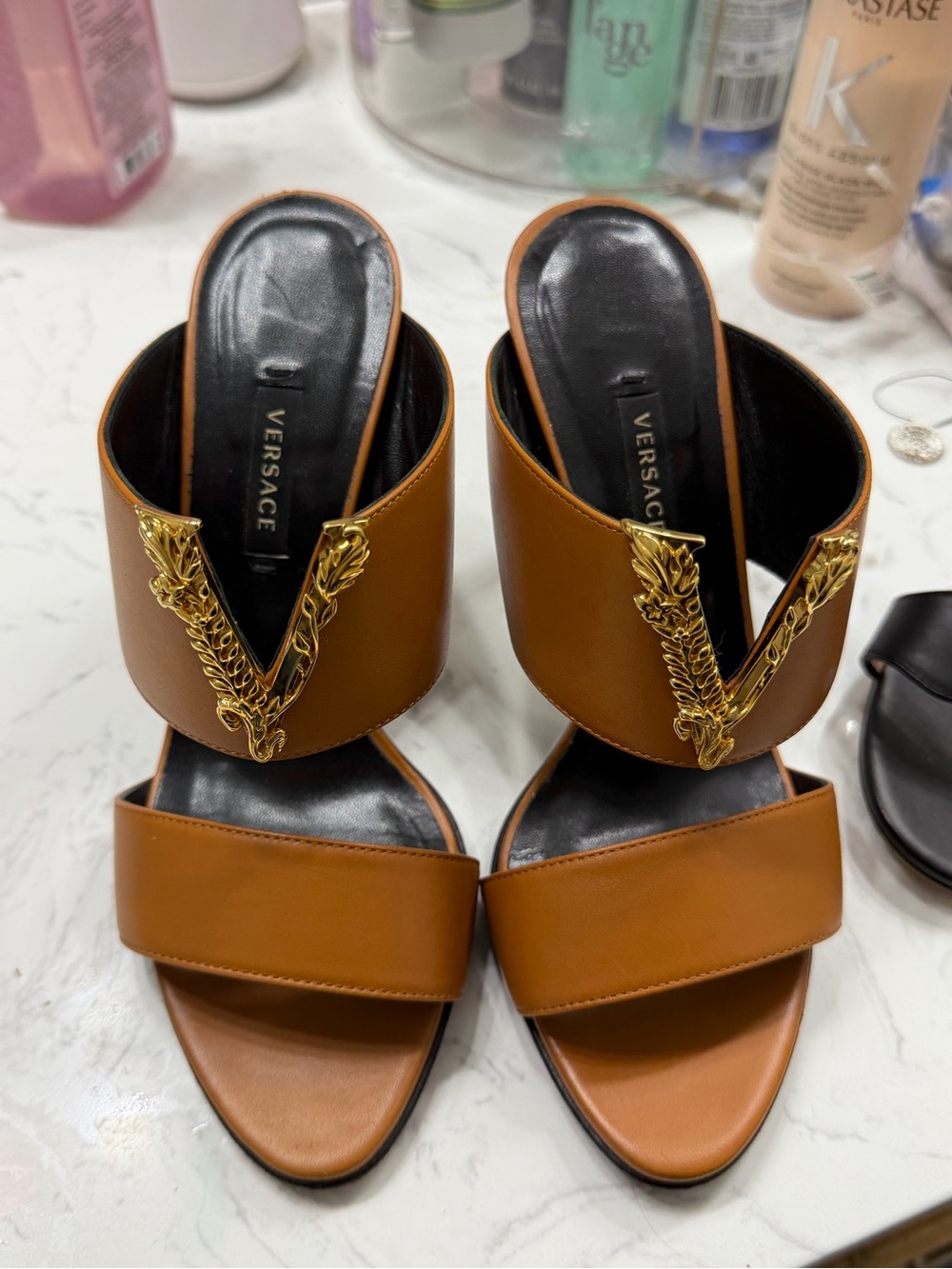 Versace Tan and Black Leather High Heel Mule with Gold Medusa Accent
